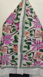 D Tussar Silk Kantha Stole – Off-White, Multicolor Floral - Image 3