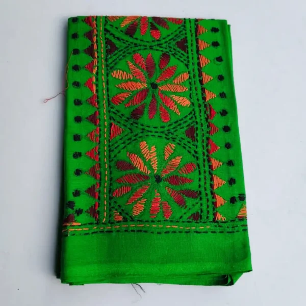 Green Cotton Kantha Stitch Blouse Piece