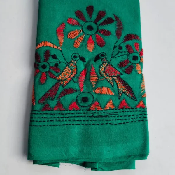 Green Cotton Kantha Stitch Blouse Piece