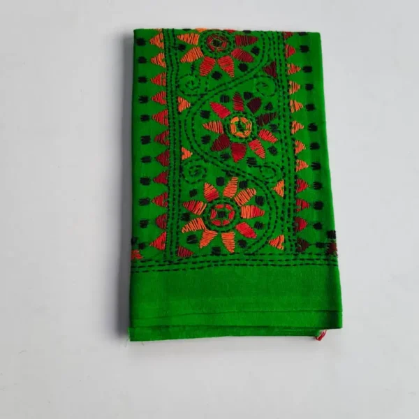 Green Cotton Kantha Stitch Blouse Piece