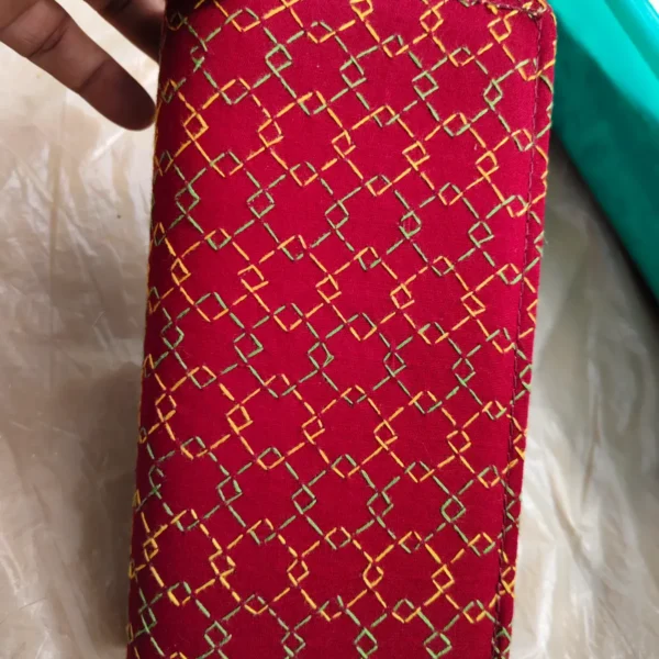 Kantha Stitch Cotton Zip Wallet – Double Zipper Compartments Red