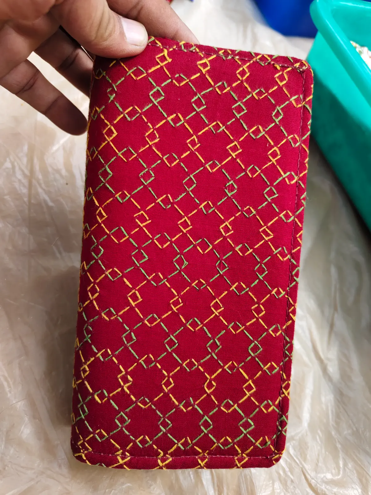 1000527520.webp Kantha Stitch Cotton Zip Wallet – Double Zipper Compartments Red - Image 1