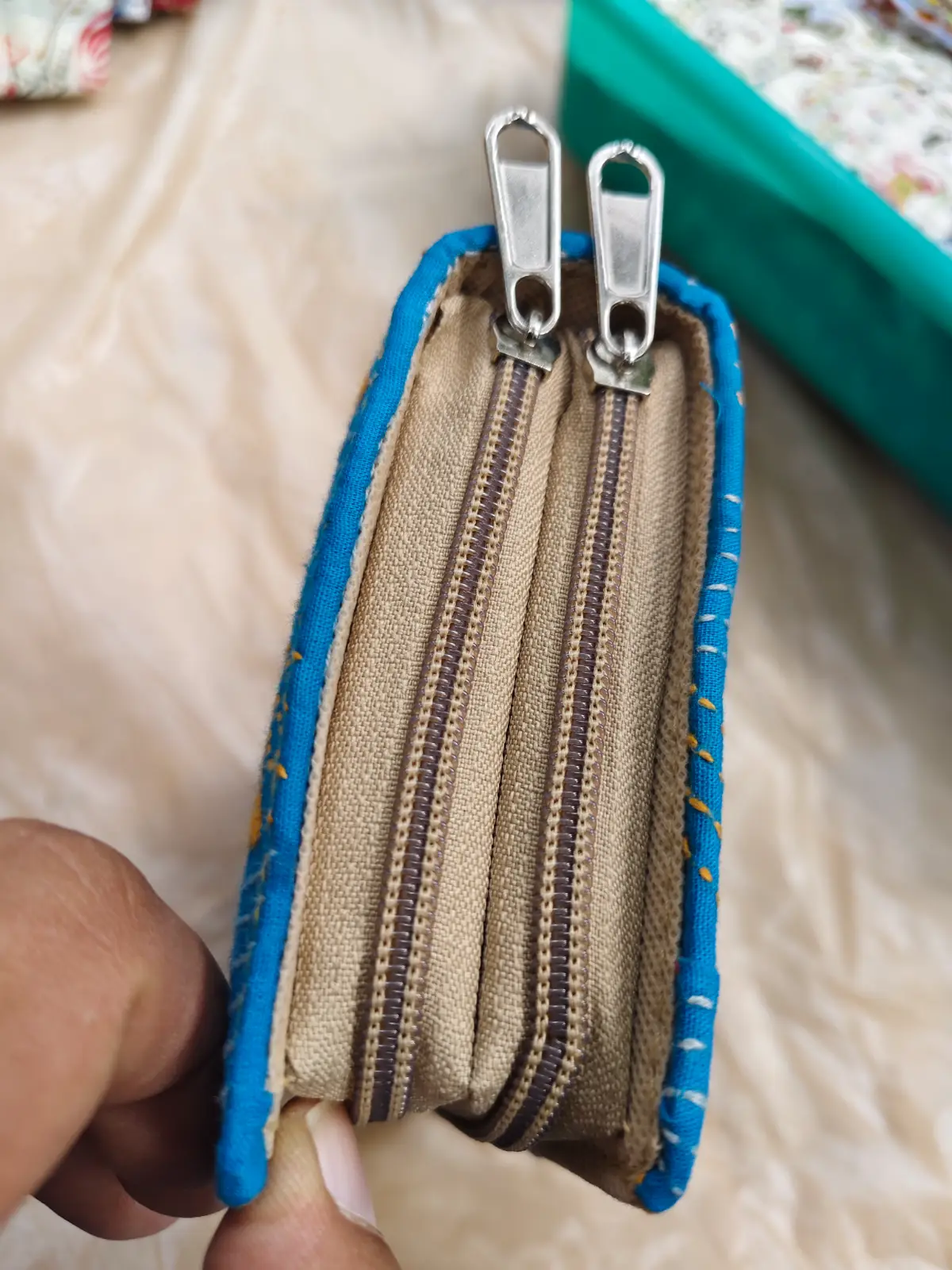 1000527523.webp Kantha Stitch Cotton Zip Wallet – Double Zipper Compartments - Image 4