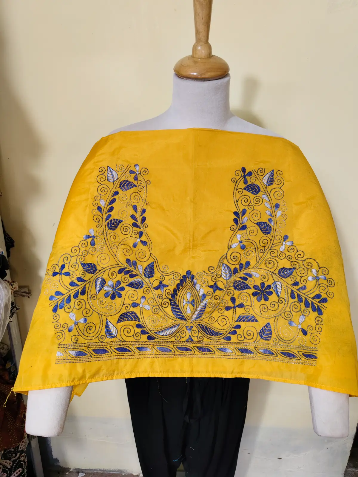 1000528024.webp Golden Yellow Silk Kantha Stitch Blouse Material – Hand Embroidered Blue Floral Design - Image 6