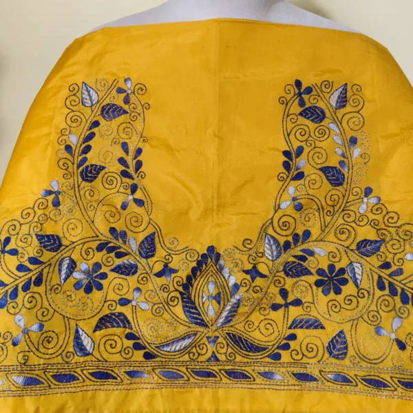 Golden Yellow Silk Kantha Stitch Blouse Material – Hand Embroidered Blue Floral Design