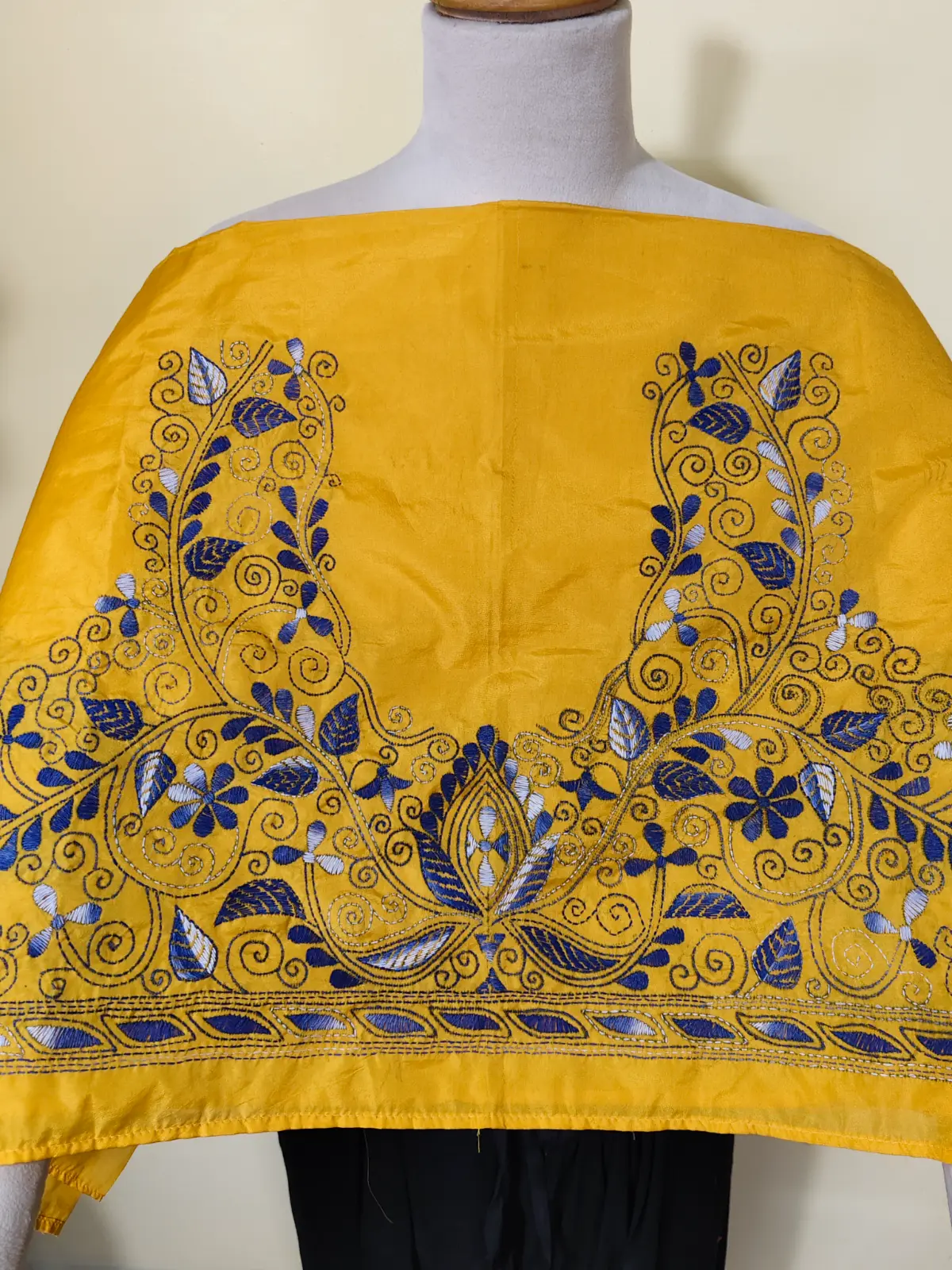 1000528025.webp Golden Yellow Silk Kantha Stitch Blouse Material – Hand Embroidered Blue Floral Design - Image 1
