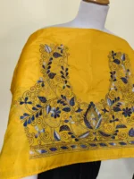 Golden Yellow Silk Kantha Stitch Blouse Material – Hand Embroidered Blue Floral Design - Image 4