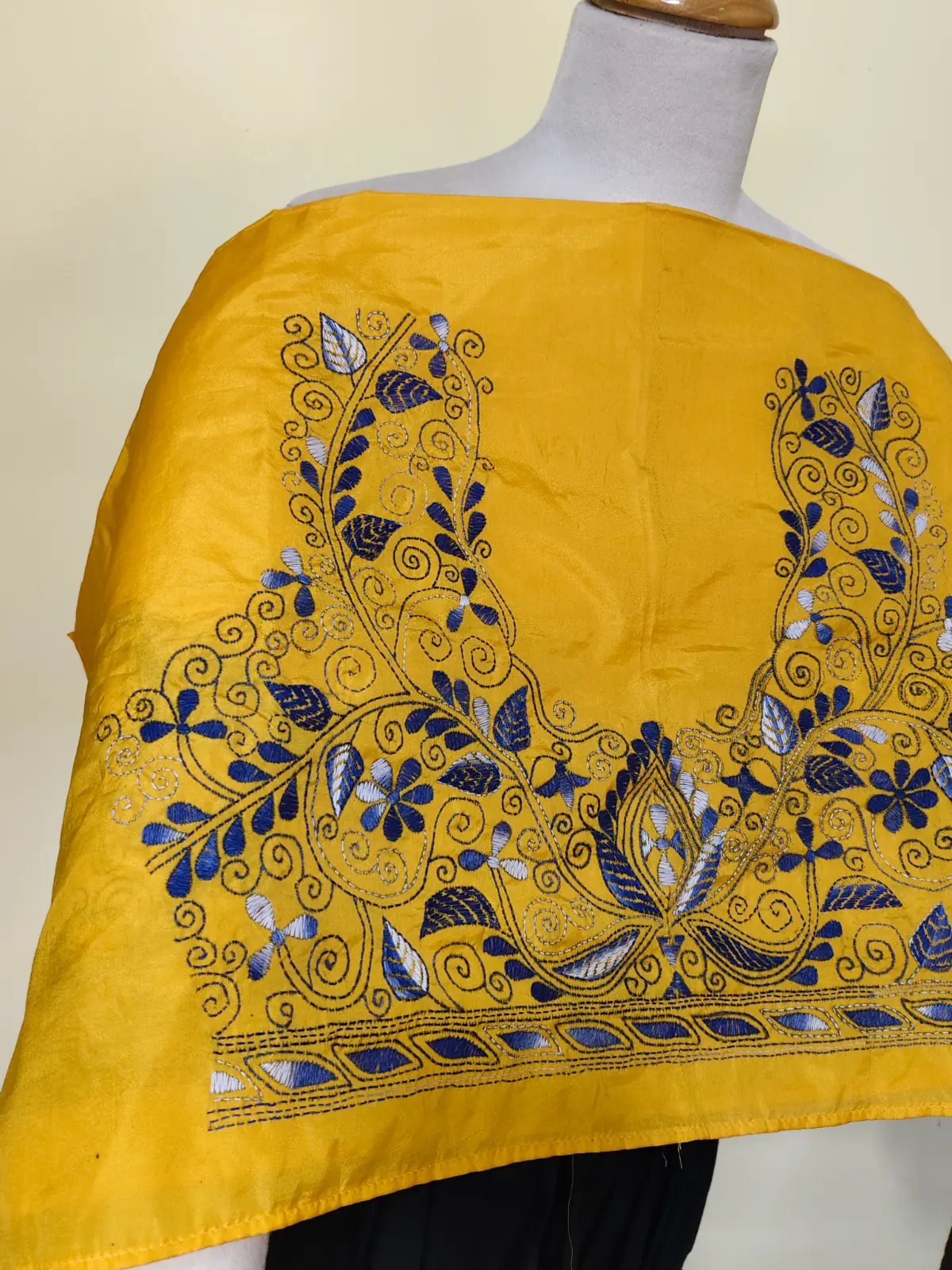 1000528026.webp Golden Yellow Silk Kantha Stitch Blouse Material – Hand Embroidered Blue Floral Design - Image 4