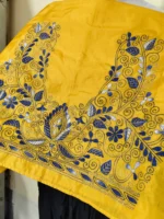 Golden Yellow Silk Kantha Stitch Blouse Material – Hand Embroidered Blue Floral Design - Image 3