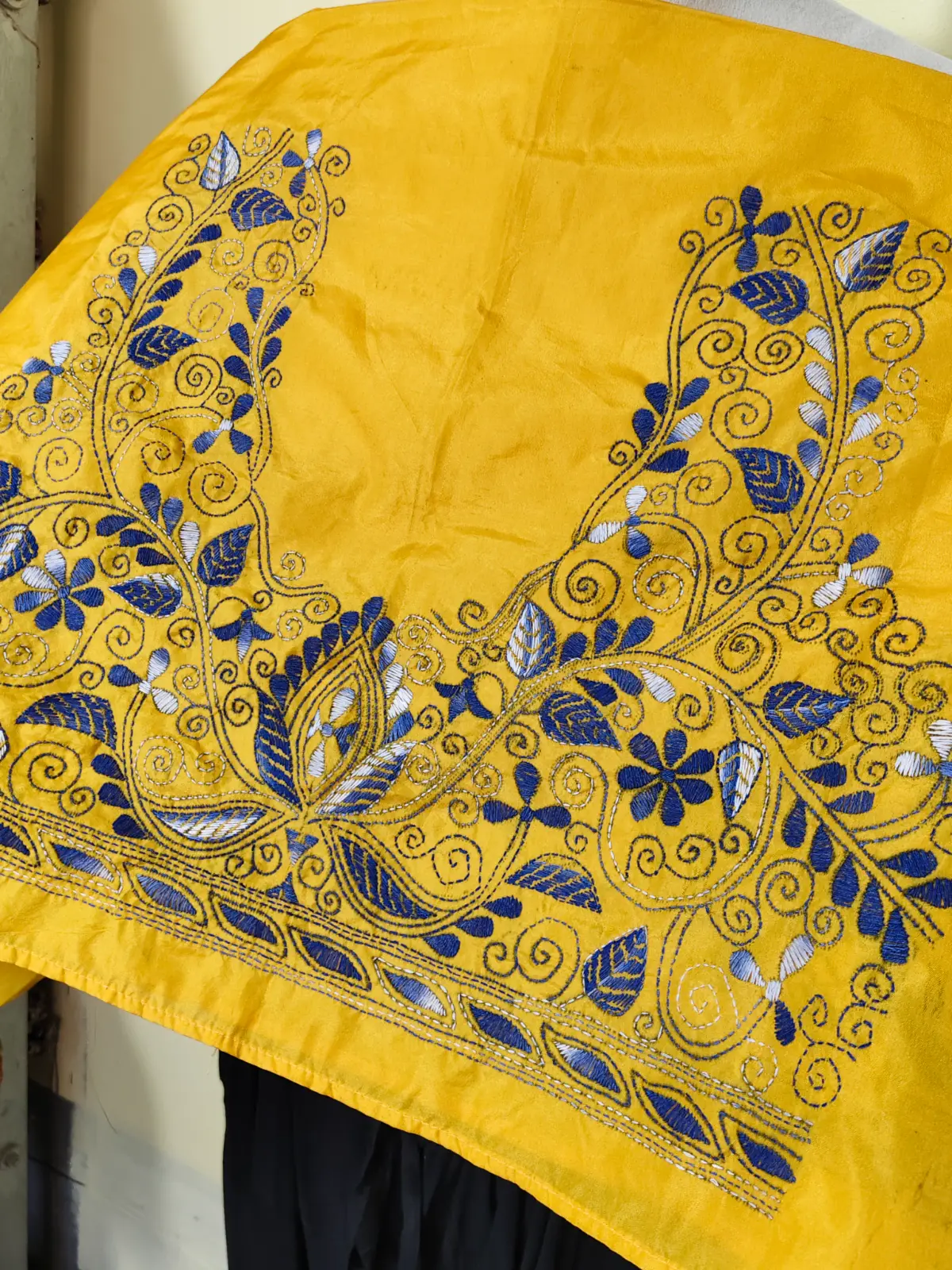 1000528027.webp Golden Yellow Silk Kantha Stitch Blouse Material – Hand Embroidered Blue Floral Design - Image 3