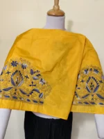 Golden Yellow Silk Kantha Stitch Blouse Material – Hand Embroidered Blue Floral Design - Image 2