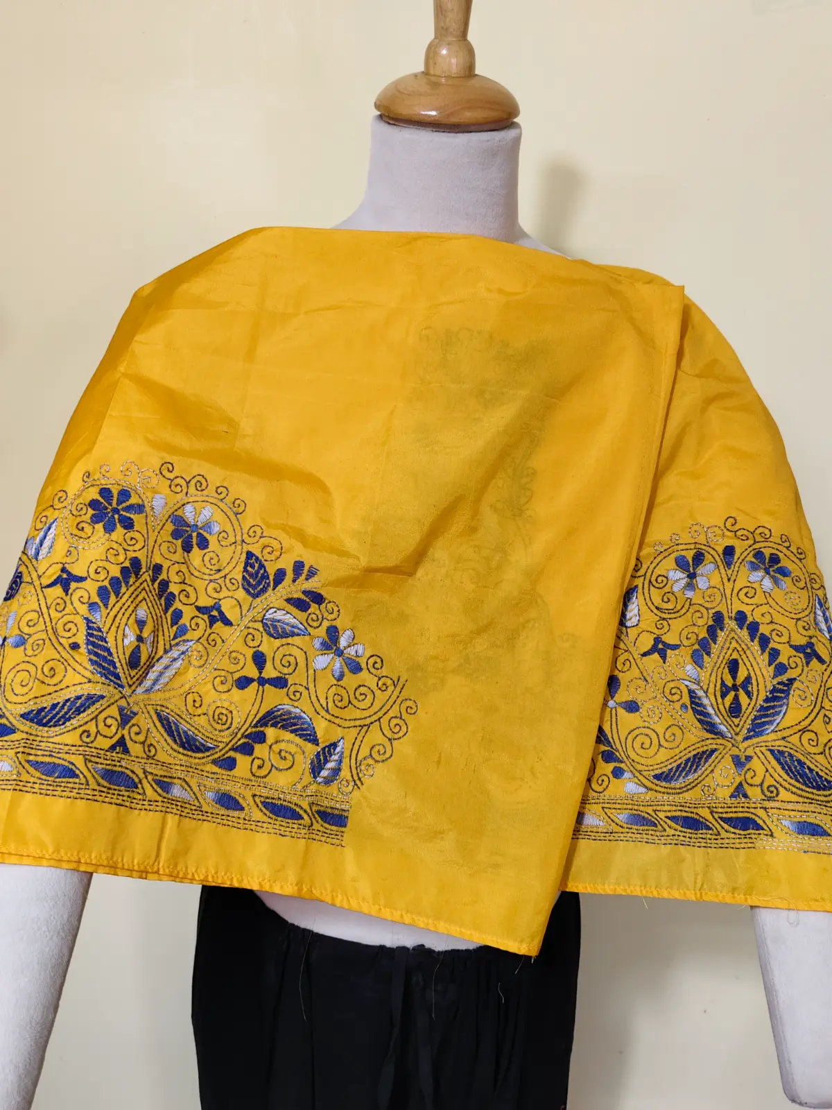 1000528028.webp Golden Yellow Silk Kantha Stitch Blouse Material – Hand Embroidered Blue Floral Design - Image 2