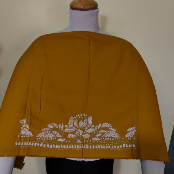 Mustard Yellow Cotton Kantha Stitch Blouse Material – Hand Embroidered Lotus Border
