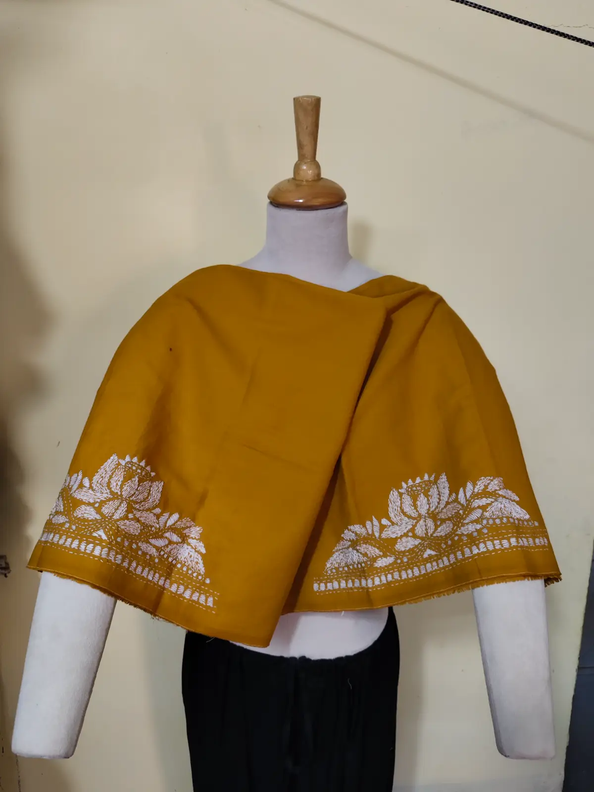 1000528048.webp Mustard Yellow Cotton Kantha Stitch Blouse Material – Hand Embroidered Lotus Border - Image 6