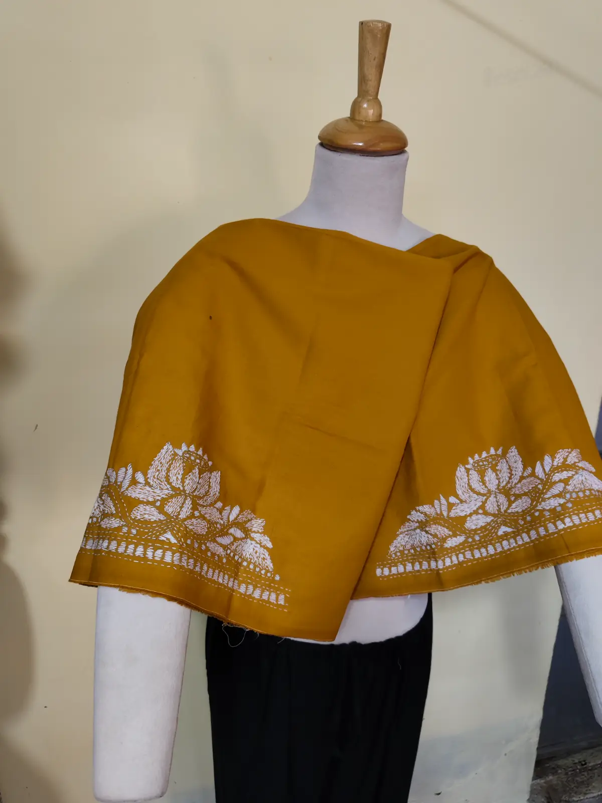 1000528049.webp Mustard Yellow Cotton Kantha Stitch Blouse Material – Hand Embroidered Lotus Border - Image 5
