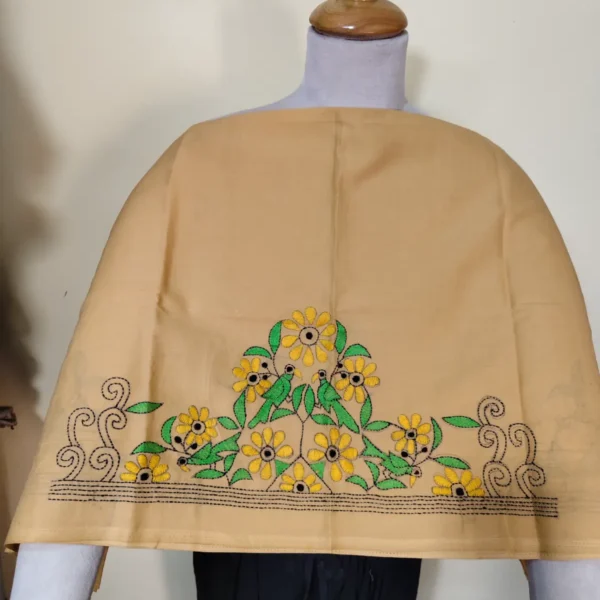Beige Cotton Kantha Stitch Blouse Material – Handmade Floral Embroidery