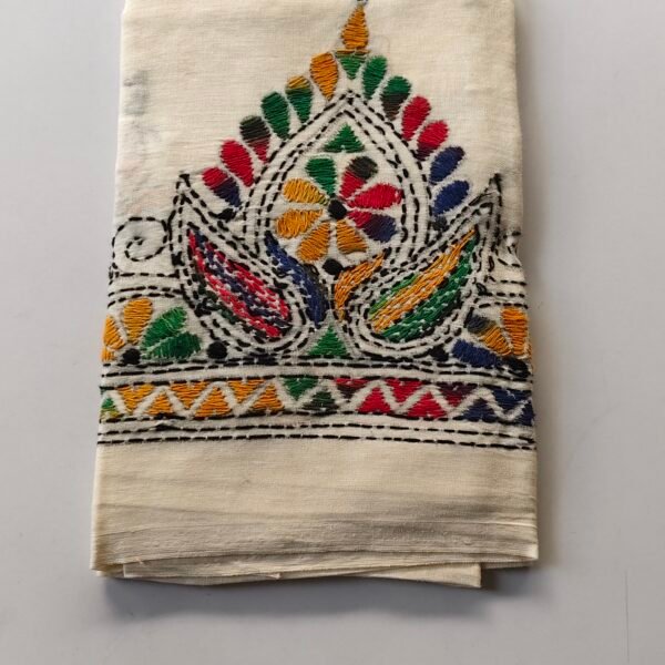 White Kantha Stitch Blouse Material Multicolor Threadwork