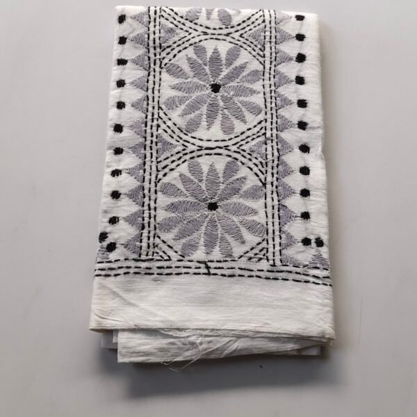 White Kantha Work Blouse Piece - Silver Colour Threadwork
