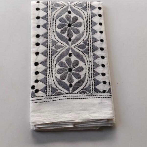 White Kantha Work Blouse Piece - Dark Grey Threadwork
