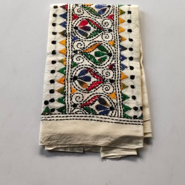 White Kantha Work Blouse Piece - Multicolor Hand Embedded