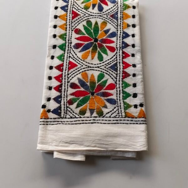 White Kantha Work Blouse Piece - Multicolor Threadwork