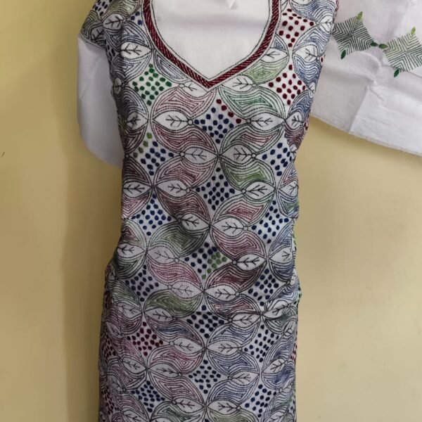 Pure Cotton Kantha Stitch Salwar Suit Material – White Base (Unstitched 3pc Set)
