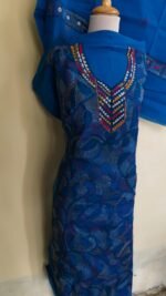 Pure Cotton Blue Kantha Stitch Salwar Suit Material – Handcrafted Multicolor Embroidery - Image 5