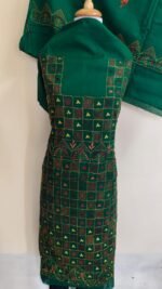 Cotton Green Kantha Salwar Suit Kurti Material – Handcrafted Geometric Embroidery