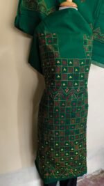 Cotton Green Kantha Salwar Suit Kurti Material – Handcrafted Geometric Embroidery - Image 6