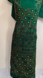 Cotton Green Kantha Salwar Suit Kurti Material – Handcrafted Geometric Embroidery - Image 3