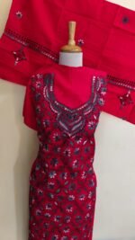 Cotton Red Kantha Stitch Salwar Suit Material – Handcrafted Floral - Image 6