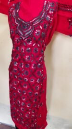 Cotton Red Kantha Stitch Salwar Suit Material – Handcrafted Floral - Image 5