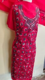 Cotton Red Kantha Stitch Salwar Suit Material – Handcrafted Floral - Image 4