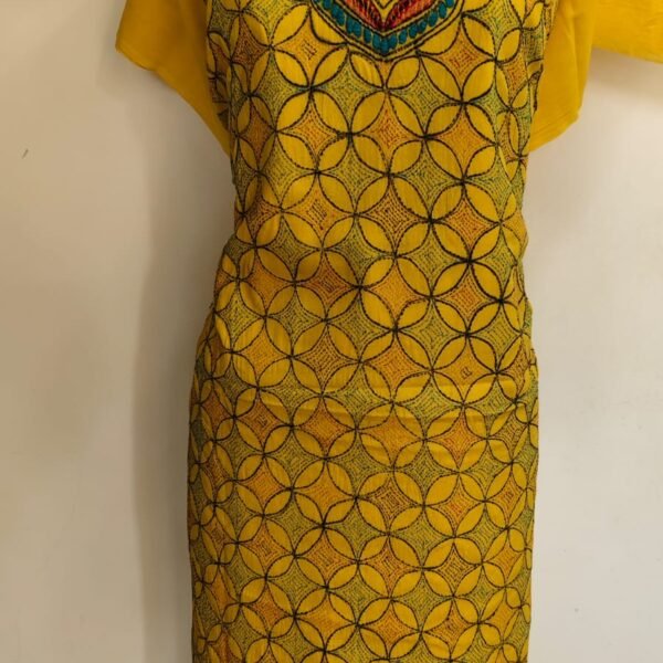 Pure Cotton Yellow Kantha Salwar Suit Material – Handcrafted Geometric Embroidery