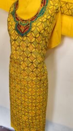Pure Cotton Yellow Kantha Salwar Suit Material – Handcrafted Geometric Embroidery - Image 4