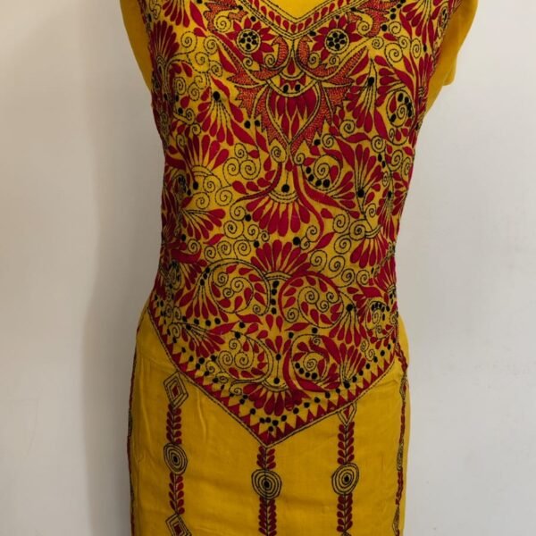Pure Cotton Yellow Kantha Stitch Salwar Suit Material – Handcrafted
