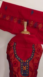 Pure Cotton Red Kantha Salwar Suit Material – Multicolor Embroidery (Unstitched 3pc Set) - Image 3