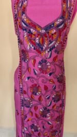 Pink Unstitched Cotton Bengal Kantha Handwork Long Kurta Material - Image 3