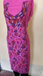 Pink Unstitched Cotton Bengal Kantha Handwork Long Kurta Material - Image 4