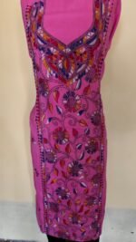 Pink Unstitched Cotton Bengal Kantha Handwork Long Kurta Material - Image 6