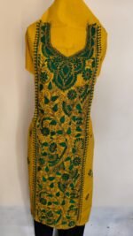 Unstitched Cotton Yellow Kantha Handwork Kurti Material – Green Floral Embroidery