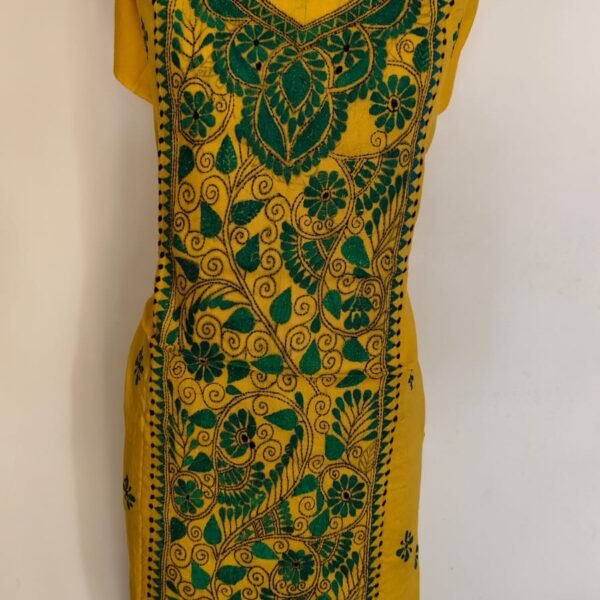 Unstitched Cotton Yellow Kantha Handwork Kurti Material – Green Floral Embroidery