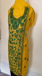Unstitched Cotton Yellow Kantha Handwork Kurti Material – Green Floral Embroidery - Image 3