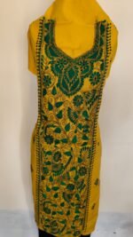 Unstitched Cotton Yellow Kantha Handwork Kurti Material – Green Floral Embroidery - Image 4