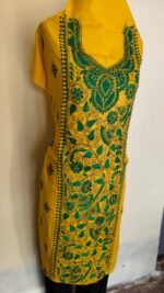 Unstitched Cotton Yellow Kantha Handwork Kurti Material – Green Floral Embroidery - Image 2