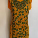 Yellow Unstitched Cotton Kantha Handwork Kurti Material – Green Floral Embroidery