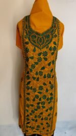 Yellow Unstitched Cotton Kantha Handwork Kurti Material – Green Floral Embroidery