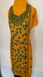 Yellow Unstitched Cotton Kantha Handwork Kurti Material – Green Floral Embroidery - Image 3
