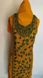 Yellow Unstitched Cotton Kantha Handwork Kurti Material – Green Floral Embroidery - Image 4