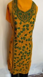 Yellow Unstitched Cotton Kantha Handwork Kurti Material – Green Floral Embroidery - Image 2